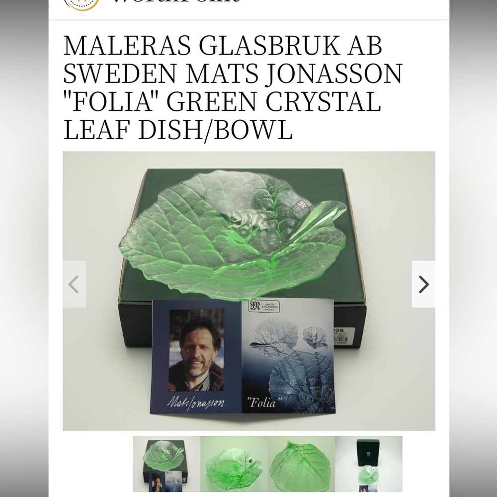 RARE Mats Jonasson Folia Green Crystal Leaf Dish Made in Sweden